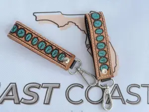 Turquoise Stone Design Hand Tooled Leather Hand Painted Keychain Strap - Perfect Gift for Loved Ones