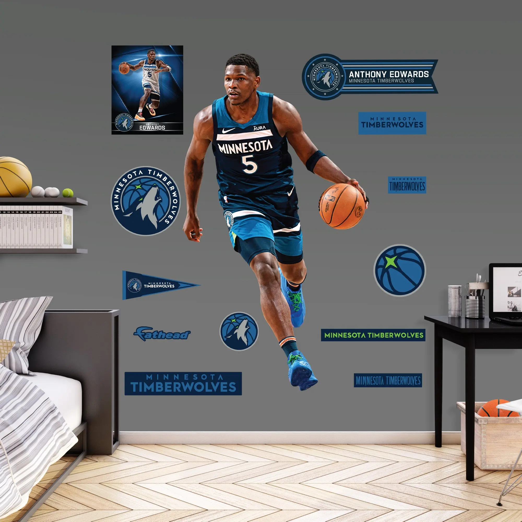 Anthony Edwards RealBig Icon Jersey Reusable Vinyl Wall Decals - Official NBA Minnesota Timberwolves Stickers, Die-Cut Edge Reusable Decal for Room & Game Day, Decor, Team Logos