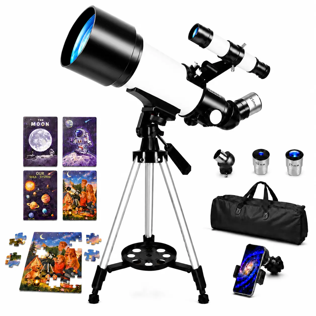 Astronomical Telescope Set - 70mm Large Aperture 400mm Refracting Portable 16x Zoom Telescope for Kids Beginners, with Carry Bag, Phone Adapter, Space-Themed Puzzles, Attachment Accessory, Portable Telescope