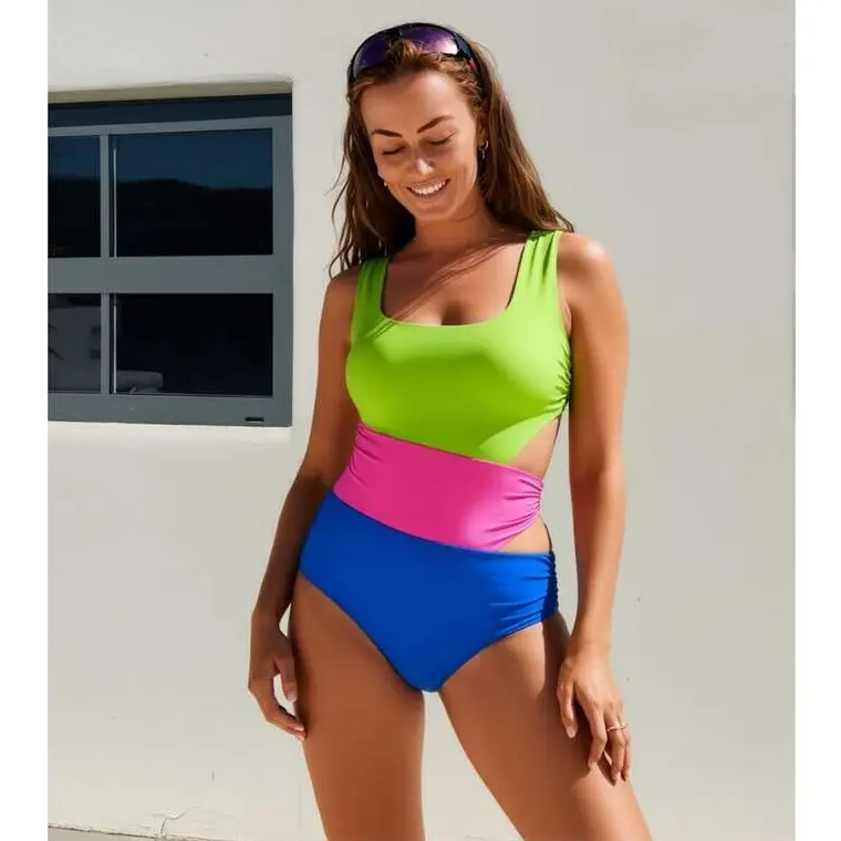 Women's 2-Piece Tankini Swimsuit Set - Neon Color Block, Cutout Design, Tummy Control, Slim Fit, Removable Padding Female Swimwear for Beach, Pool Days, Water Sports, Hand Wash, Two Piece Set, High-Waisted