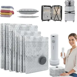 【2026 Upgraded】Multi-Size Waterproof Reusable Vacuum Storage Compression Bag Set, USB Rechargeable Handheld Pump with Built-In Battery, 140L/Min High Suction Airtight Seal Air Removal, Free Manual Air Pump Included,summervibes