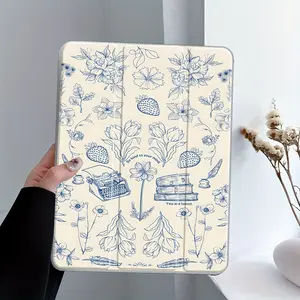 Vintage Blue Floral Strawberry iPad Case Transparent Acrylic Hard Back Panel With Pencil Slot,Suitable for Ipad mini pro air. Scratch-resistant Ultra-thin Protective Case, Shock-resistant Full Cover Protective Case Suitable for Offices Schools and Homes