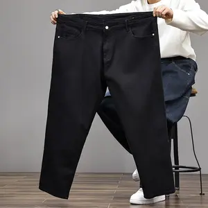 Men's Black Solid Color Jeans Plus Size Baggy Straight Leg High Waist Pants for Fat Men Menswear Trouser