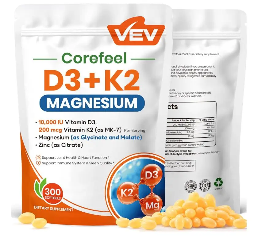 VEV Corefeel Vitamin D3 K2 10,000 IU Magnesium Supplement – with Vitamin D and K (MK-7), Magnesium Glycinate & Malate, Zinc Citrate – 300 Softgels