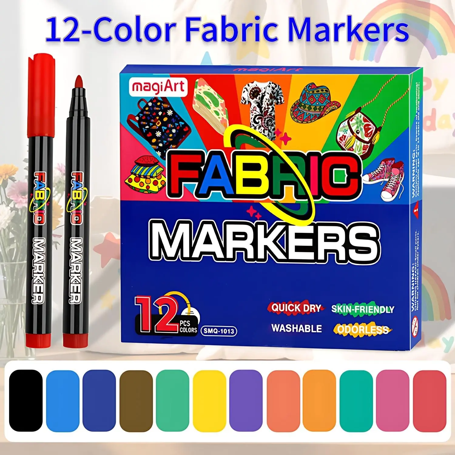 12/24-Color Permanent Fabric Markers, Waterproof Non-Toxic Acrylic Paint Pens for T-Shirts Shoes Canvas Tote Bags, Quick-Dry Fluorescent Colorful Markers for Kids DIY Painting Supplies, Crafting with Kids Art Stationery