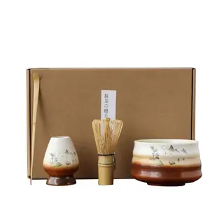 Traditional Japanese Bamboo 4-Piece Tea Ceremony Tool Set - Includes Matcha Powder Egg Beater, Chasen Bowl, Brushing Tool for Tea Making, Bamboo Material
