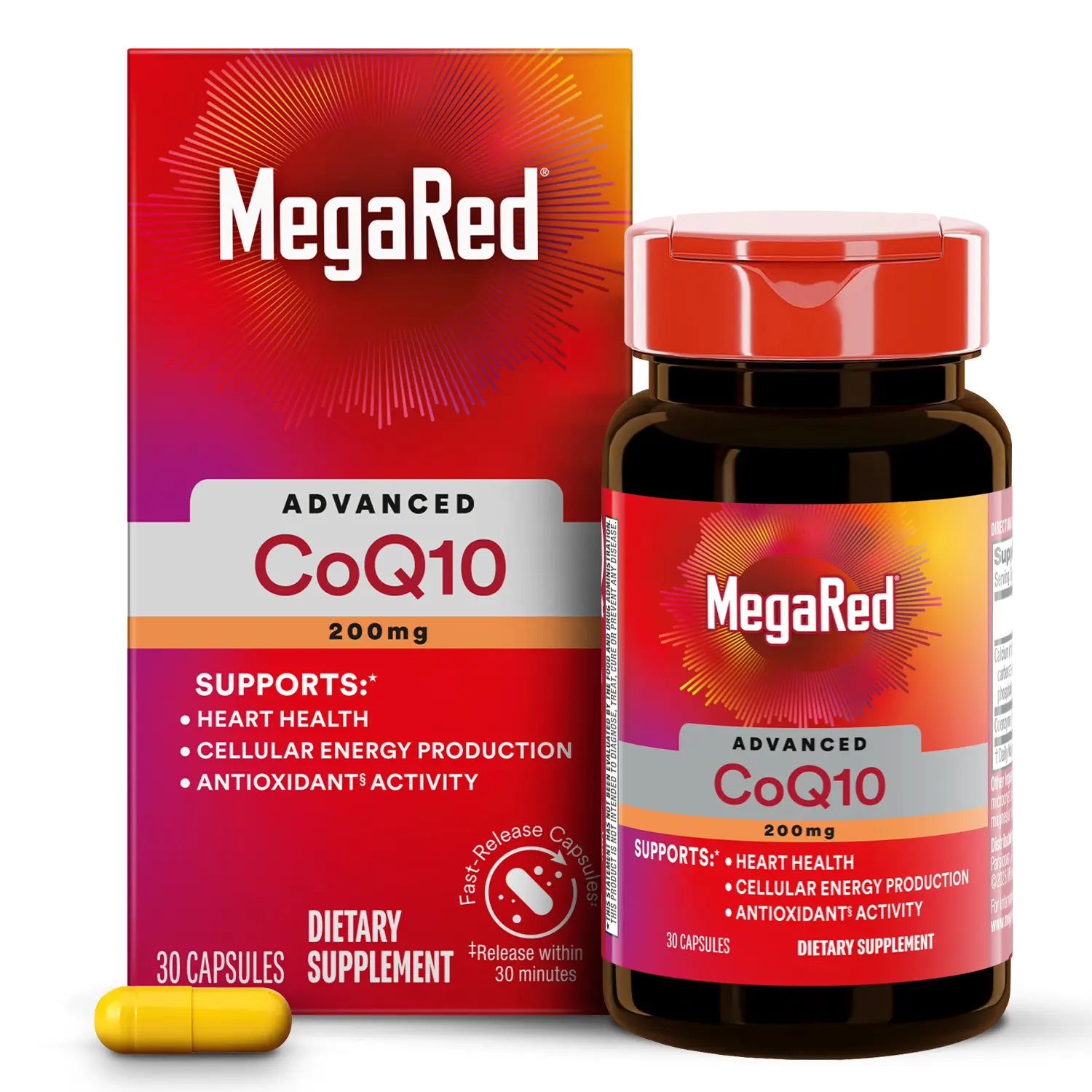 MegaRed Advanced CoQ10 Coenzyme Dietary Supplement - 200mg Per Serving, Fast Release, Powerful Antioxidant, Supports Cellular Energy & Heart, Protects Against Free Radicals*, 30 Capsules, 30 Servings, Sugar Free, Prop 65 Safe, Fitness & Self Care Support,