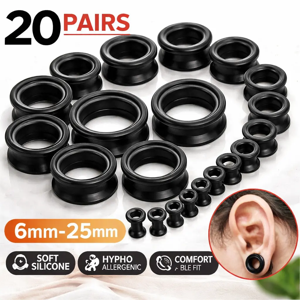 20 Pcs Silicone Ear Gauges Kit - 10 Sizes (2g to 1 inch) Flexible Skin Plugs, Hypoallergenic Piercing Jewelry for Stretching, Christmas, Partner, Everyday Use