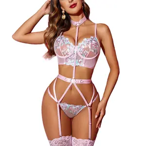 Avidlove Garter Lingerie Sets for Women with Removable Choker Floral Embroidered Underwire Lingerie (No Stockings)