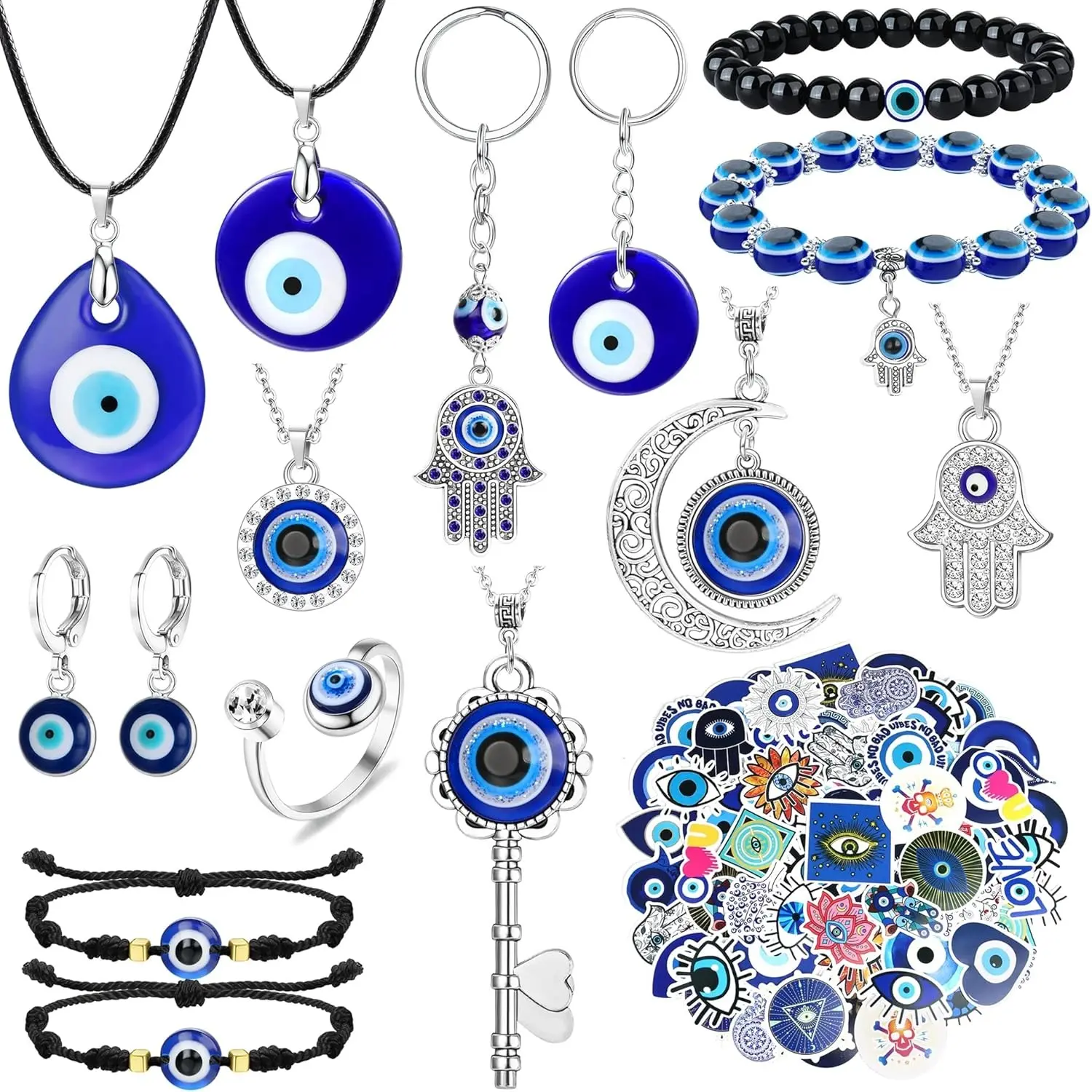 Milacolato 15-Piece Evil Eye Jewelry Set, Glass and Alloy Protection Collection with Hamsa Hand Necklaces, Bracelets, Adjustable Ring, Earrings, and Stickers, Earring Sets, 1Pair Of Evil Eye Hoop Earring