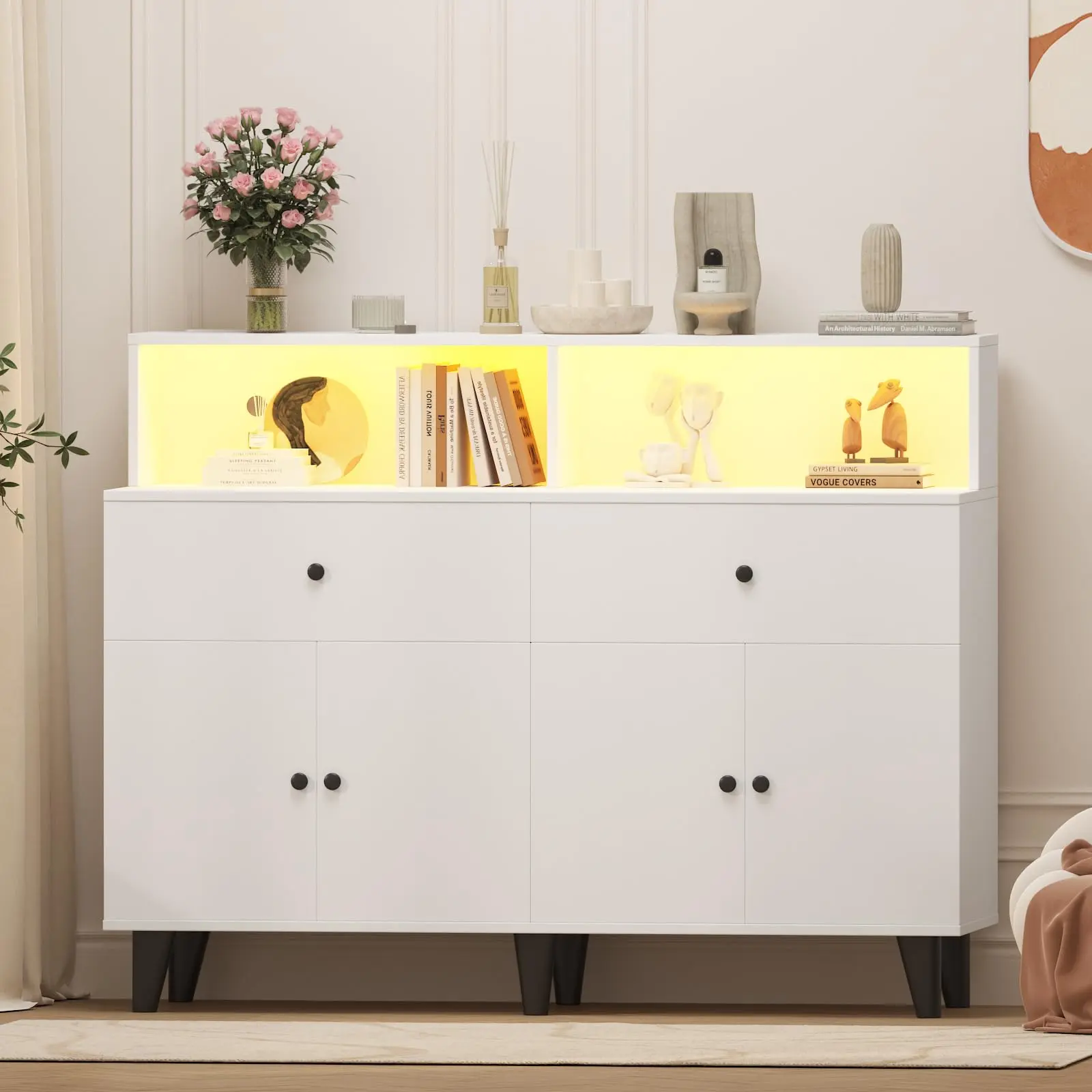 51" Contemporary MDF Wood Freestanding Sideboard - Kitchen Pantry Cabinet with Drawers, Built-in Power Outlets, USB Ports, Customizable RGB LED Lights, Adjustable Shelves, Coffee Bar Hutch for Living/Dining Room