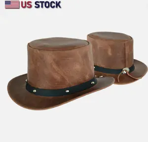 HighwayLeather Unisex Handcrafted Genuine Leather Top Hat with Edgy Spiked Band, Shapeable Brim, and Elastic Fit