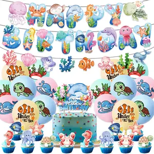 Ocean Animal Theme Birthday Party Decoration Set, Party Decoration Supplies, Includes Banner, Garlands, Cake Topper, Balloons, Perfect for Under the Sea Themed Parties