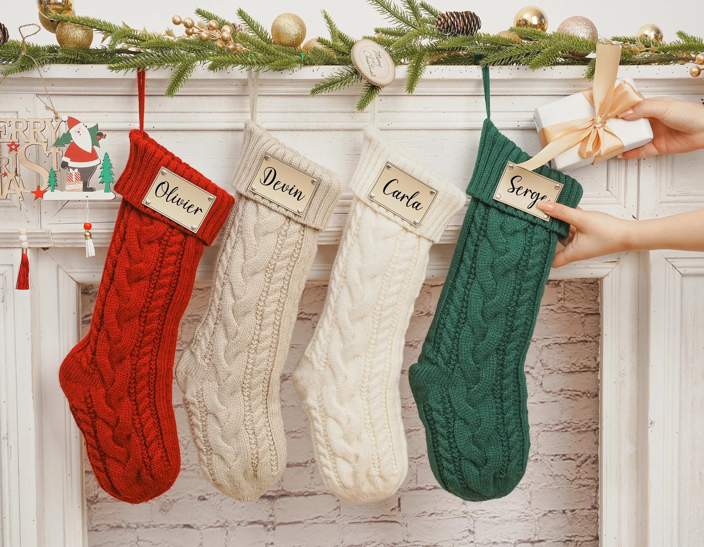 2024 Christmas Stockings With Name Family Christmas Stockings Custom Christmas Knitted Stockings Personalized Stocking With Leather Patch