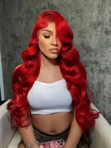 Red Long Wavy 13×4 Lace Front Wig, Loose Curly Wig, Loose Big Curls Synthetic Hair, Natural Hairline, Heat Resistant Fiber, Daily Wear, 28 Inches