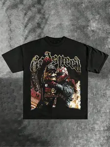 Men's Summer Street Style Skull Helmet Graphic Print Short Sleeve Round Neck Unisex T-Shirt, Fitted Thin Fabric, American Design, Perfect for Casual Wear, Streetwear