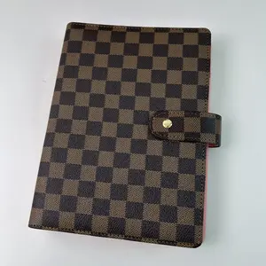 A5 Brown Checkered Faux Leather Notebook with Snap Button, Hardcover Password Keeper Journal for Daily Notes & Password Recording