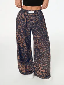 Women's Leopard Print Wide Leg Pants, High Waist Elastic Waist Loose Fit Street Style Long Pants, Fashionable Casual Wear, Casual Street Trousers, Casual Lounge Pant