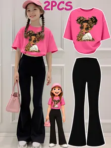 2PCS  Tween Girls Clothes T-Shirt Set  Leopard Print Girl With Sunglasses Print Girl Clothes Short-Sleeved Round Neck T-Shirt Bell Bottom Pants Set Perfect For Outdoor  Kids Clothes