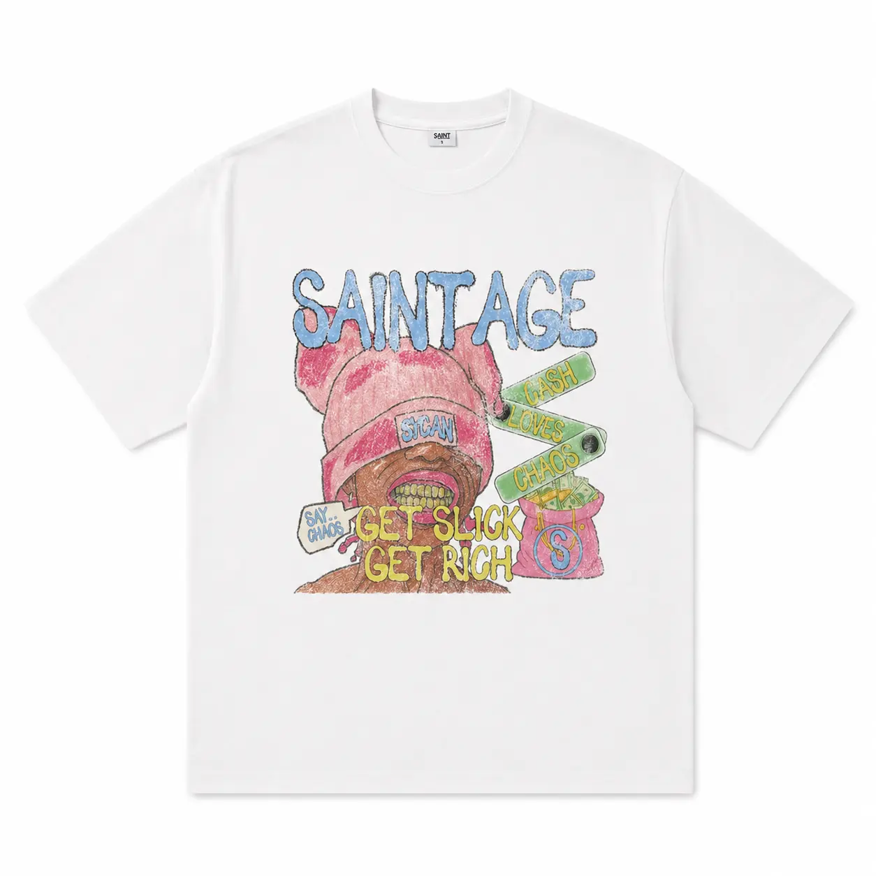 Men's Short-Sleeve Y2K Streetwear T-Shirt - Gold Teeth, Cartoon, Anime, Hip-Hop Graphics, Saint Age Get Rich Print, Casual Summer Top
