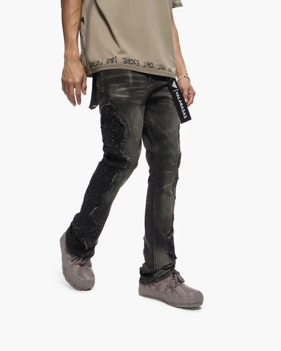 Men's Stacked Raw Edge Denim Jeans - Grey-Black, Full Length, Cotton-Spandex Blend, Pocket, Panel Detail, True Size, Labelless, Bedazzled, Gen X Instagram Style Streetwear, Bedazzled Jeans, Labelless Men's Jeans