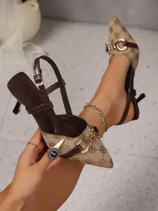Women's fashion pointed-toe backless kitten heel pumps, chain design, formal dress shoes, suitable for office, parties, comfortable high-heeled sandals, Fashionable Footwear