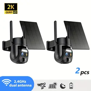 Hawkray 2 PC-Pannel Solar-Powered Wireless Outdoor Security Camera, Dual Lens, Dual Viewing Angle, 10x Zoom, 2K Resolution, 3MP, 360° Pan/Tilt, 2.4 and 5G WiFi, Battery-Powered Camera, Spotlight, Alarm, PIR Motion Detection