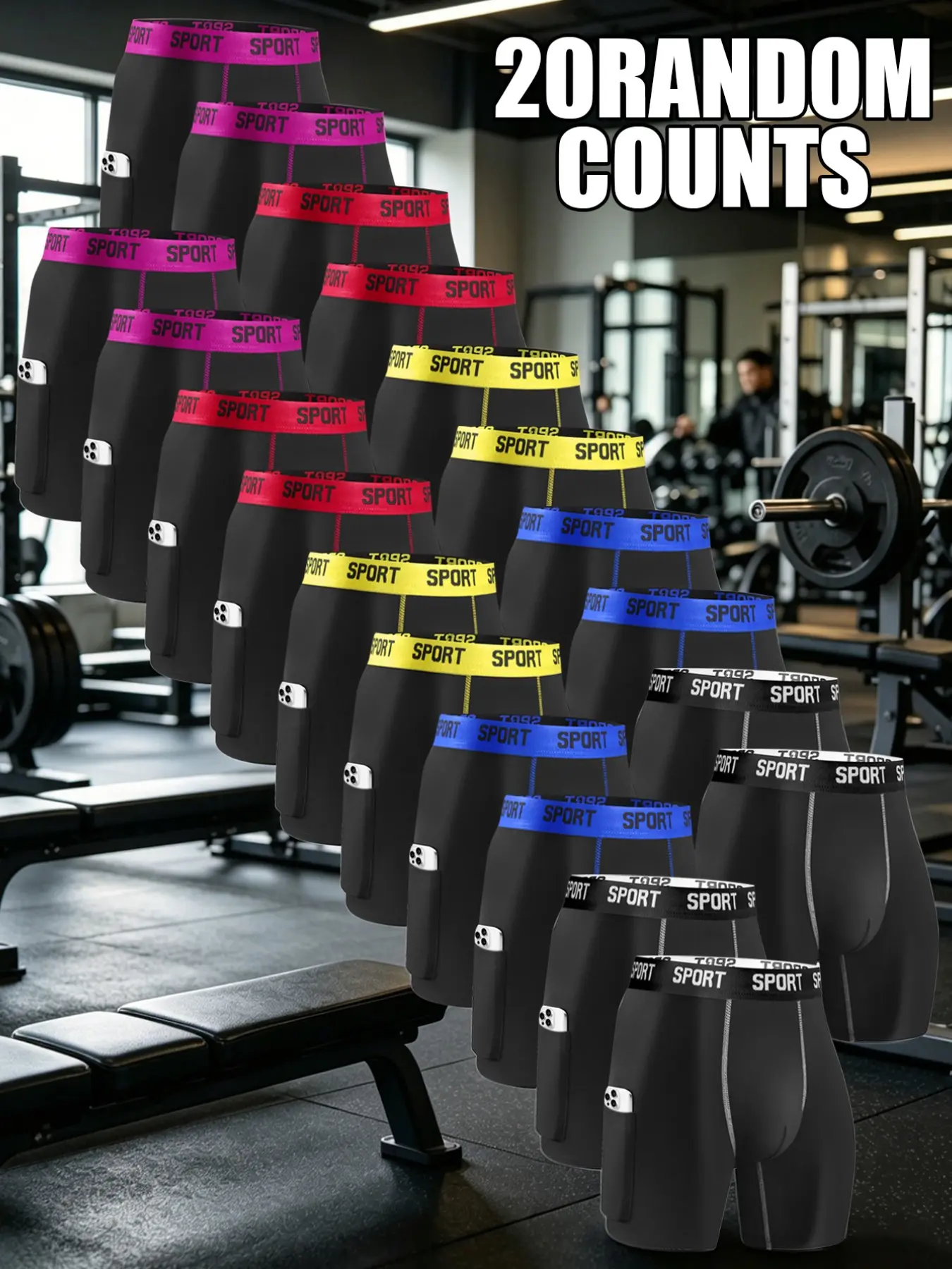 20 pcs random men's long style Athletic Boxer underwear, Elastic knit underwear, Soft fabric, elastic waistband, Pocket on right side for easy carrying, Suitable for fitness, exercise, daily home casual wear, Activewear