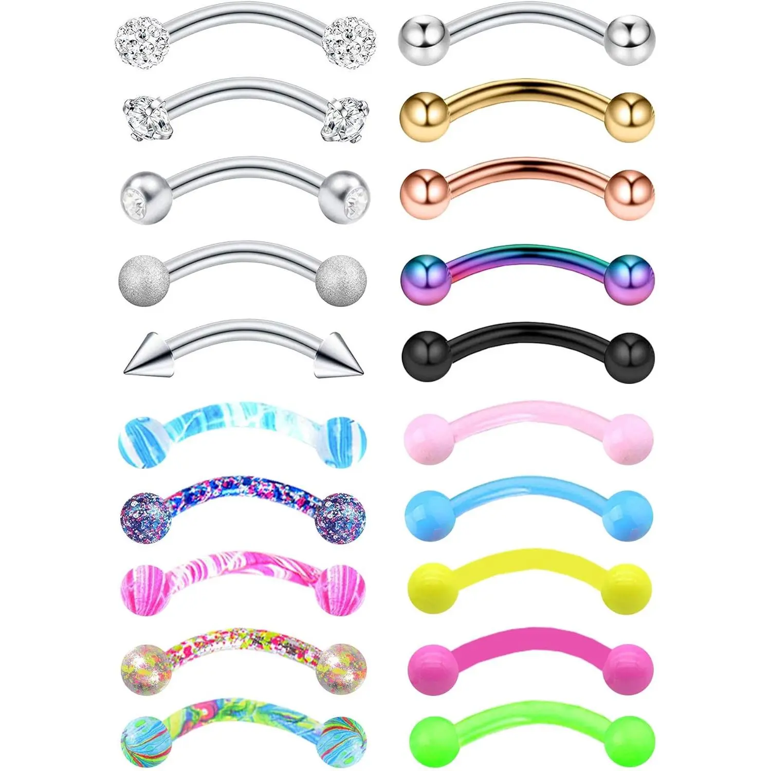 20-48Pcs Body Piercing Jewelry Kit for Women Men, 16G 316L Stainless Steel CZ Inlaid Curved Barbells & 8-10mm Lip Piercing Rings for Tragus, Helix, Eyebrow, Lip Piercing Ring