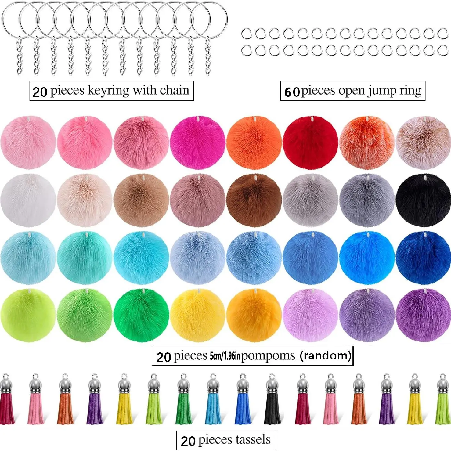 Mixed Color Fluffy Ball Soft Pompom Keychain Set, 120pcs/set Fuzzy Keychain Colorful Fluffy Ball Keychain, DIY Jewelry Making Supplies for Women & Teenager