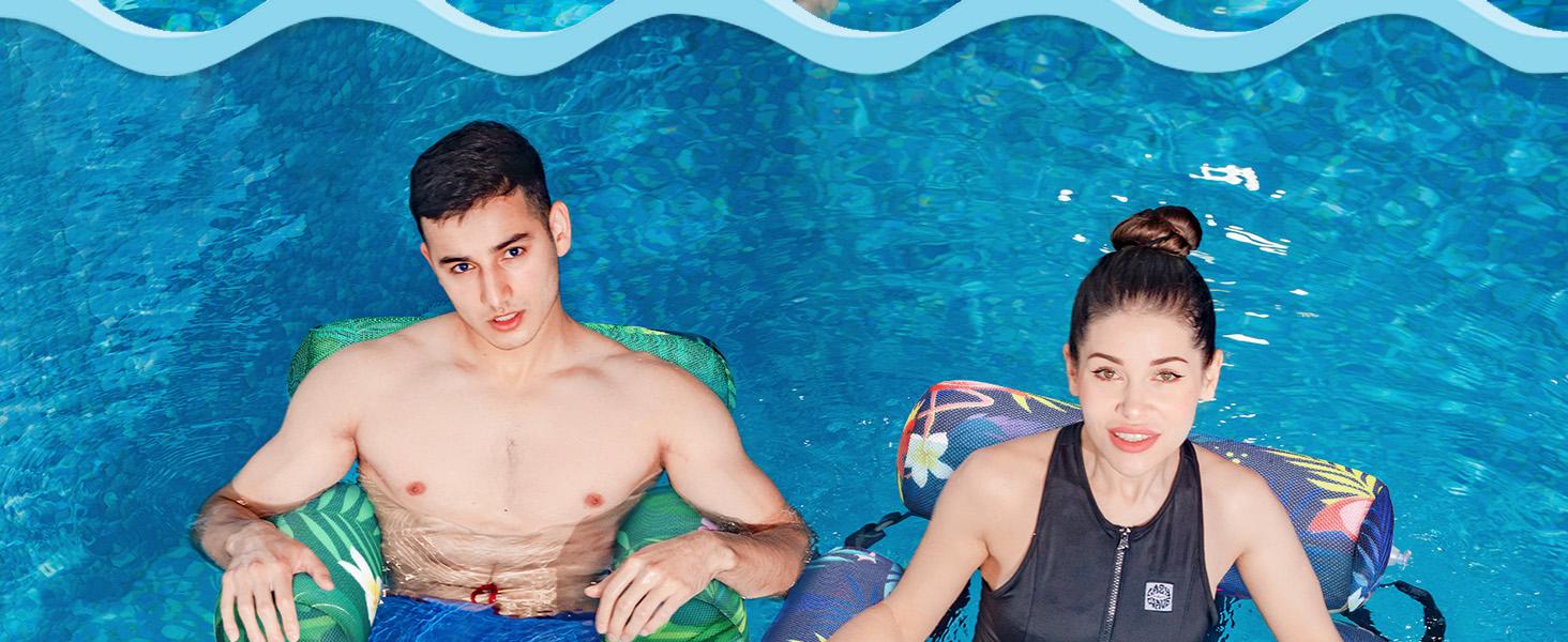 WERNNSAI 2 Pack Inflatable Pool Float Chair with CUP-HOLDER for Adults & Kids,  Pool Floaters Lounge Chair with Tropical Leaf Design, Heavy Duty PVC Oxford Cloth Adjustable Straps, Pool Floaties Summer Pool Party Beach Lake Vacation Gifts  MemorialDay