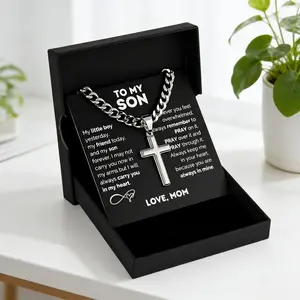 1pc "to My Son" Stainless Steel Cross Pendant Necklace, Birthday Gift, Valentine's Day Gift, Christmas Gift, with Card and Gift Box Packaging, the Perfect Gift for Loved Ones