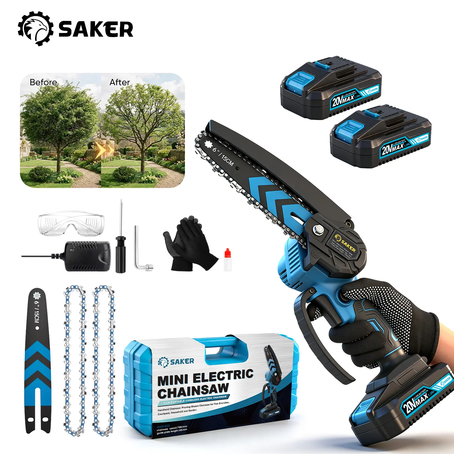 【FathersDayGift】Saker 4/6-Inch Mini Chainsaw -3000mAh Long-Lasting Battery Power (2PCS), Upgraded Pure Copper Motor, One-Handed Electric Saw for Men & Women, Portable Wood Cutting Garden Tool Gifts