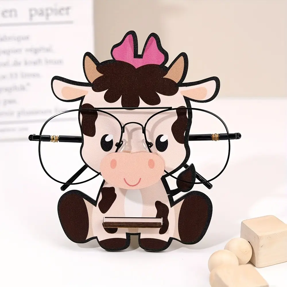 Wooden bow cow glasses holder, cute animal glasses holder, bedside table and office desk decoration, Aesthetic Office Supplies, used for desktop decoration, glasses display, glasses storage, fun design, decorative glasses accessories, Desk Accessory