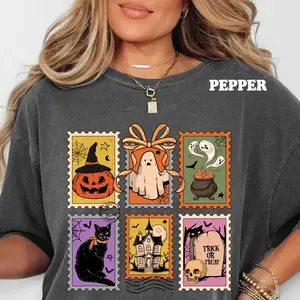 Spooky Stamps Halloween Shirt ~ Unisex Apparel Relaxed Fit Printed In The USA Clothing Womenswear Casual Comfort Cotton Top Athletic Boho Chic Season Cat Ghost T-Shirt Retro