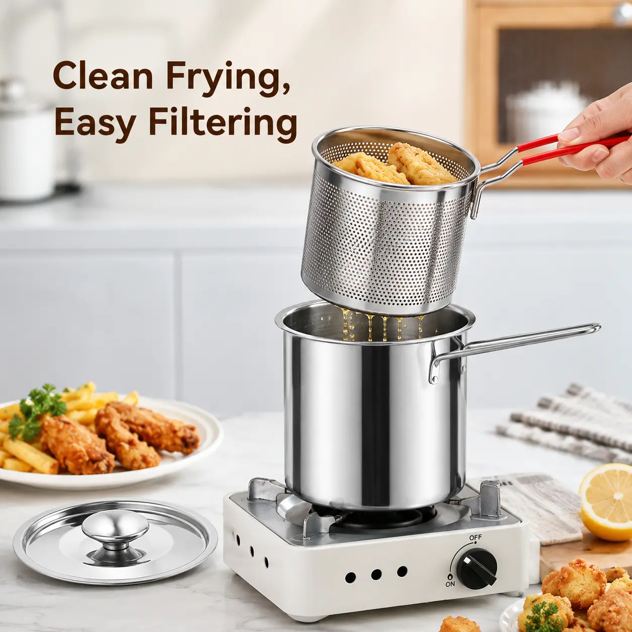 Stainless Steel Mini Deep Fryer Pot Set with Strainer Basket & Tongs, Small Frying Pot for French Fries, Chicken Wings, Tempura and Home Kitchen