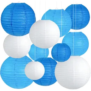12Pcs Blue and White Paper Lanterns Set, Round Lanterns in Sizes 6" 8" 10" 12", for Graduation, Baby Shower, Birthday, Wedding, Nautical and Ocean Theme Decorations