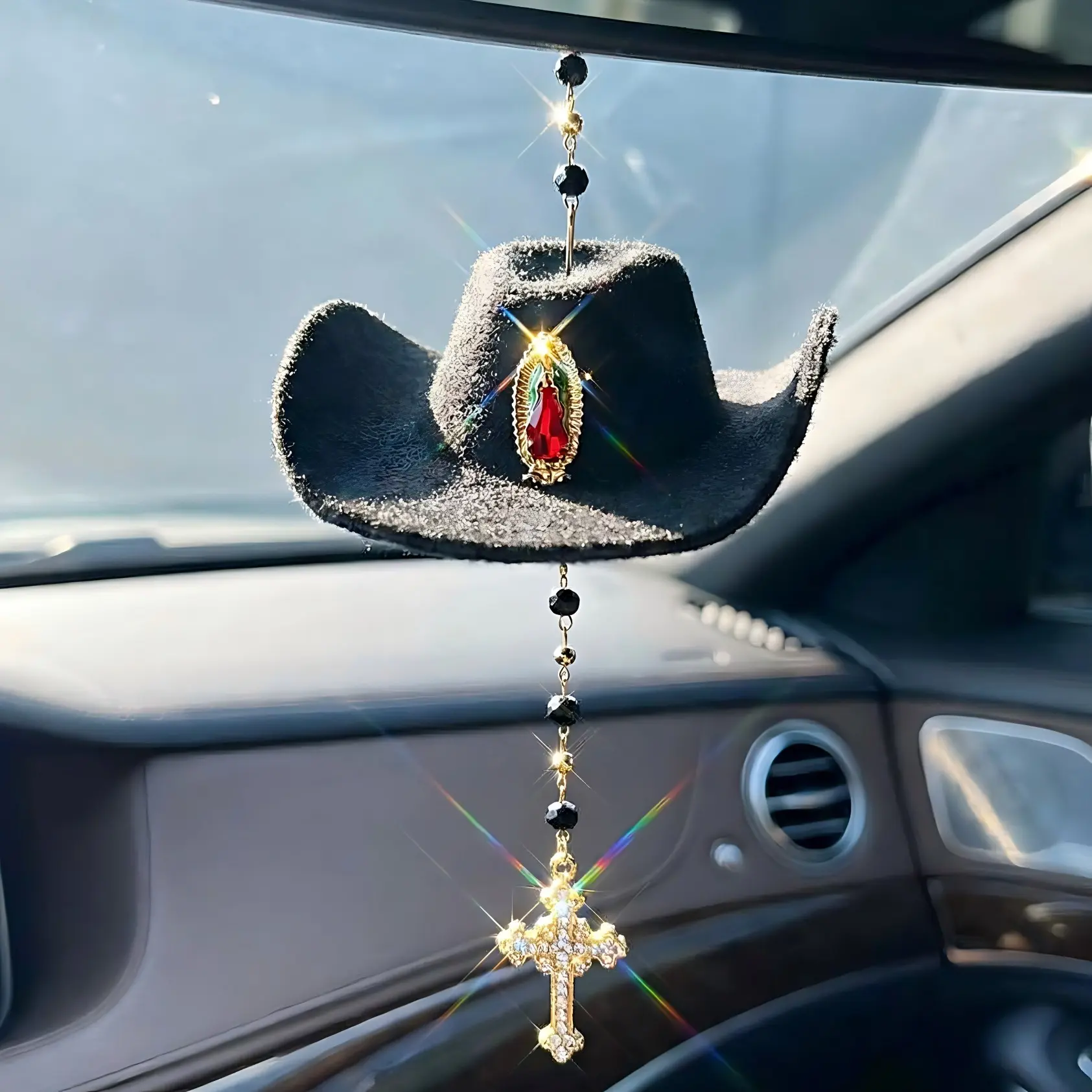Faith Charm - cowboy hat with Virgin Mary charm and rhinestone trim. Red cross hanging charm Car Ornament Car Interior Decoration Car Accessories Interior Car Interior Accessory Car Interior Ornaments