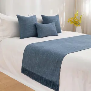 Cotton Linen Fashion Modern Bed Runners with Tassel Soft No Fading Bedding Scarf for Home Hotel Decoration Blue 50*210CM Fits 1.5m Bed