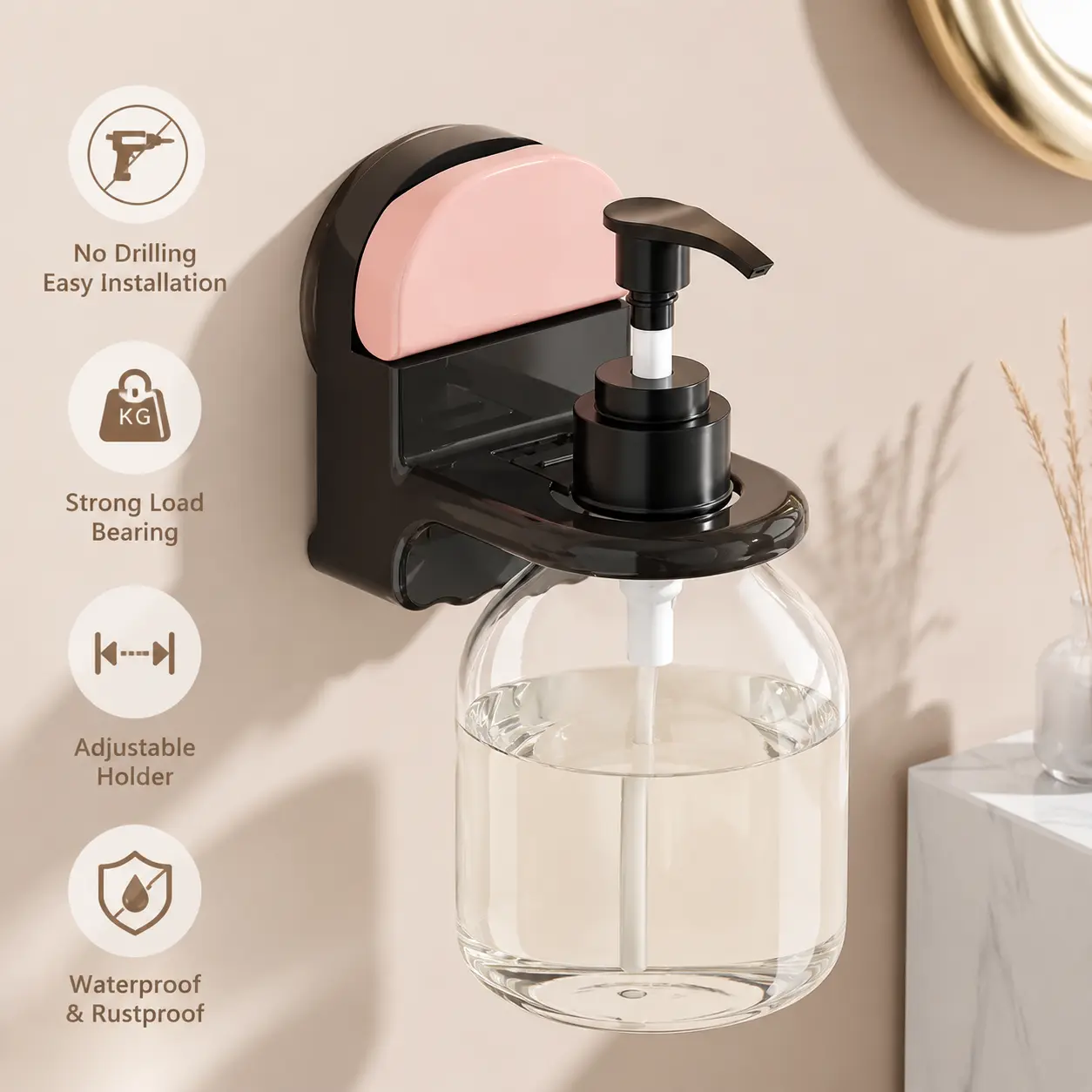 Wall Mounted Adjustable Suction Cup Bottle Holder - 1 Count, No-Trace Installation Bathroom Accessory for Shampoo, Shower Gel, Hand Soap, Pump Bottles, Pots, Pot