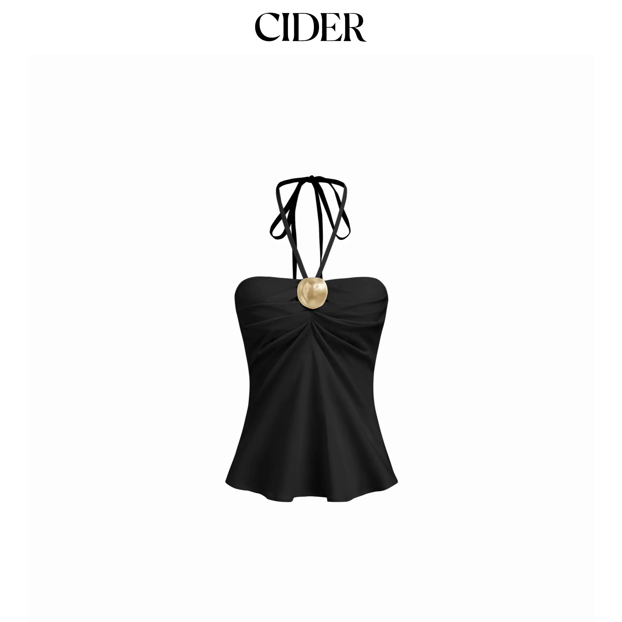 Cider Women's Classy Elastane-Blend Halter Neck Ruched Metal Detail Shirred Blouse - Button Shirt, Mid-Size Ladies' Top for Summer Vacations & Date Night, Blouses, Classy Tops, Chic, Backless, No Shoulder, Basic, Shirts, Casual Strapless Top