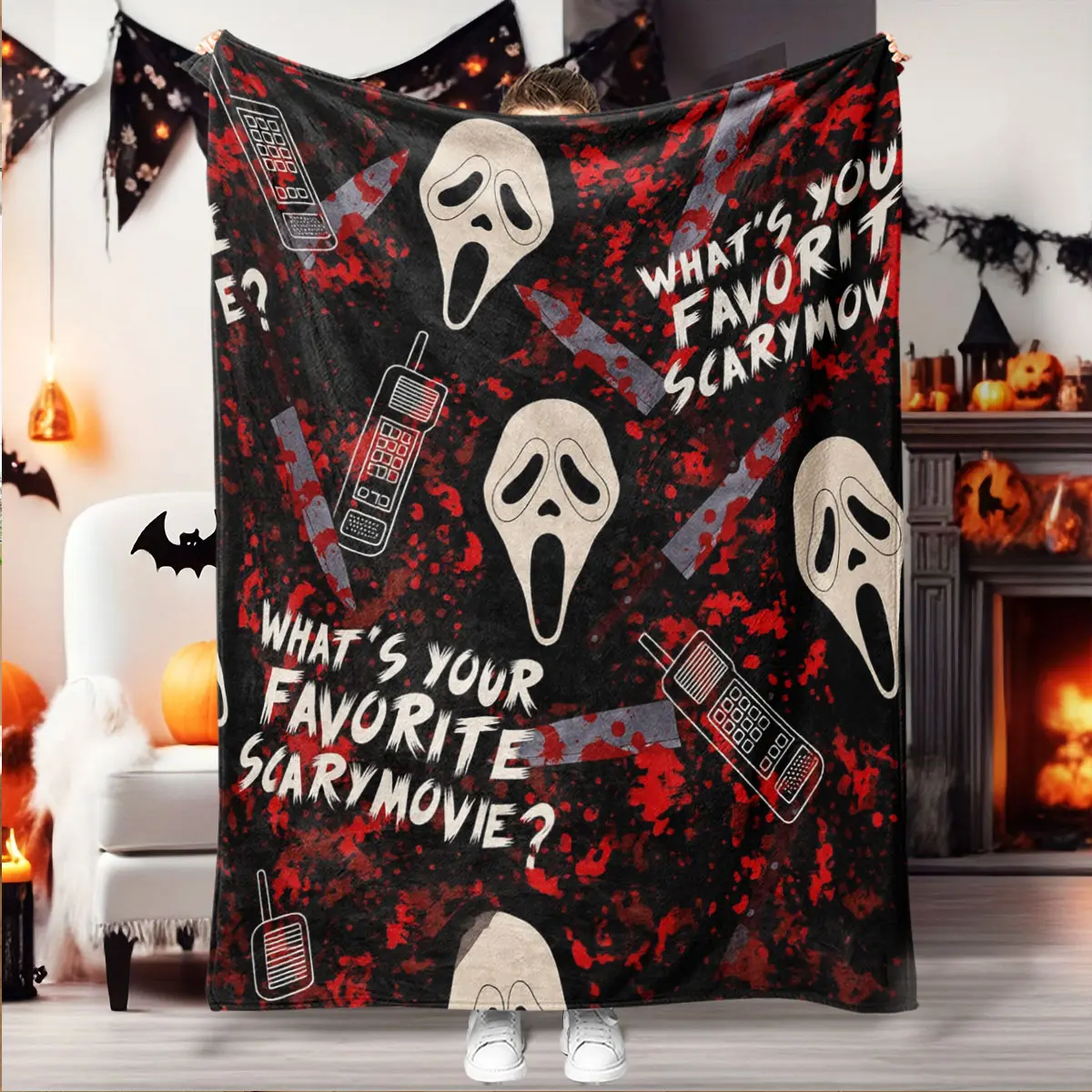 Halloween Scream Movie Theme Flannel Graphic Throw Blanket, Blankets for Bed, Soft Lightweight Warm, Perfect for Bed Sofa Office Camping Travel, Great Halloween Gift