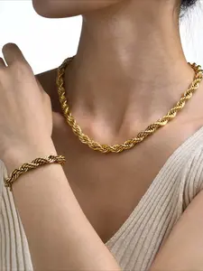 2 Piece Set 5mm Stainless Steel Twisted Chain Necklace Bracelet, Simple Fashion Unisex Casual Daily Wear, Fashionable Jewelry Set