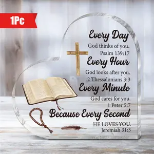 1 Piece Bible Heart Decoration - Transparent Acrylic Religious Plaque with Cross, Open Books and Bible Verses (Psalm 139:17) - Christian Home, Office, Church Decor - Birthday, Christmas, Graduation Gifts for Women, Men, Acrylic Plaque Sign