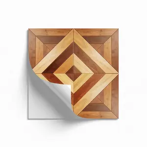 Peel and Stick Floor Tiles, Pack of 10, Geometric Wood Inlay Pattern, Brown Wood Grain Vinyl Flooring, Moisture Proof Floor, Waterproof Non-slip Removable Floor Stickers for Kitchen, Bathroom, Renters Friendly, Self-Adhesive DIY Flooring for Home Deco
