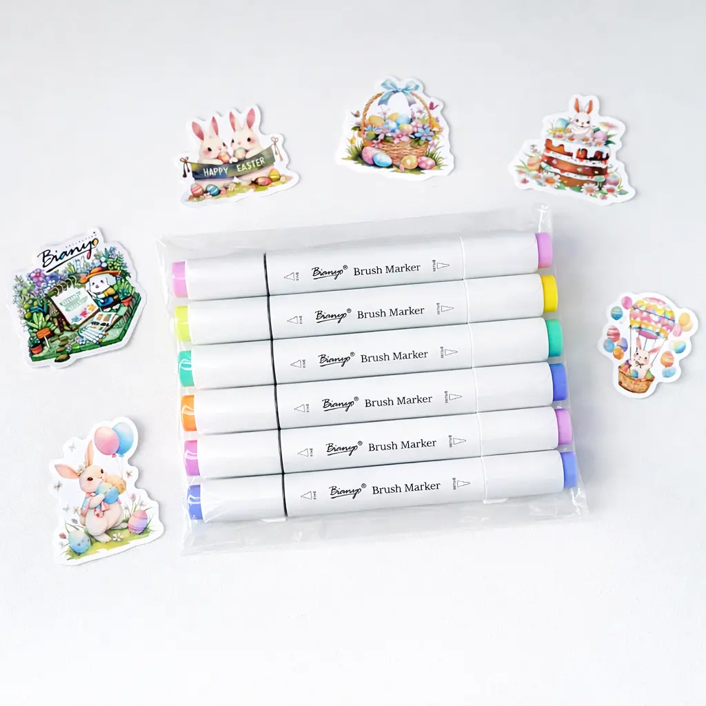Bianyo 6-Pack Assorted Color Alcohol Brush Markers with Premium Brush & Fine or Brush & Chisel Tips, Smooth Blending Ink, Includes 6 Cute Stickers for Coloring Books & Drawing