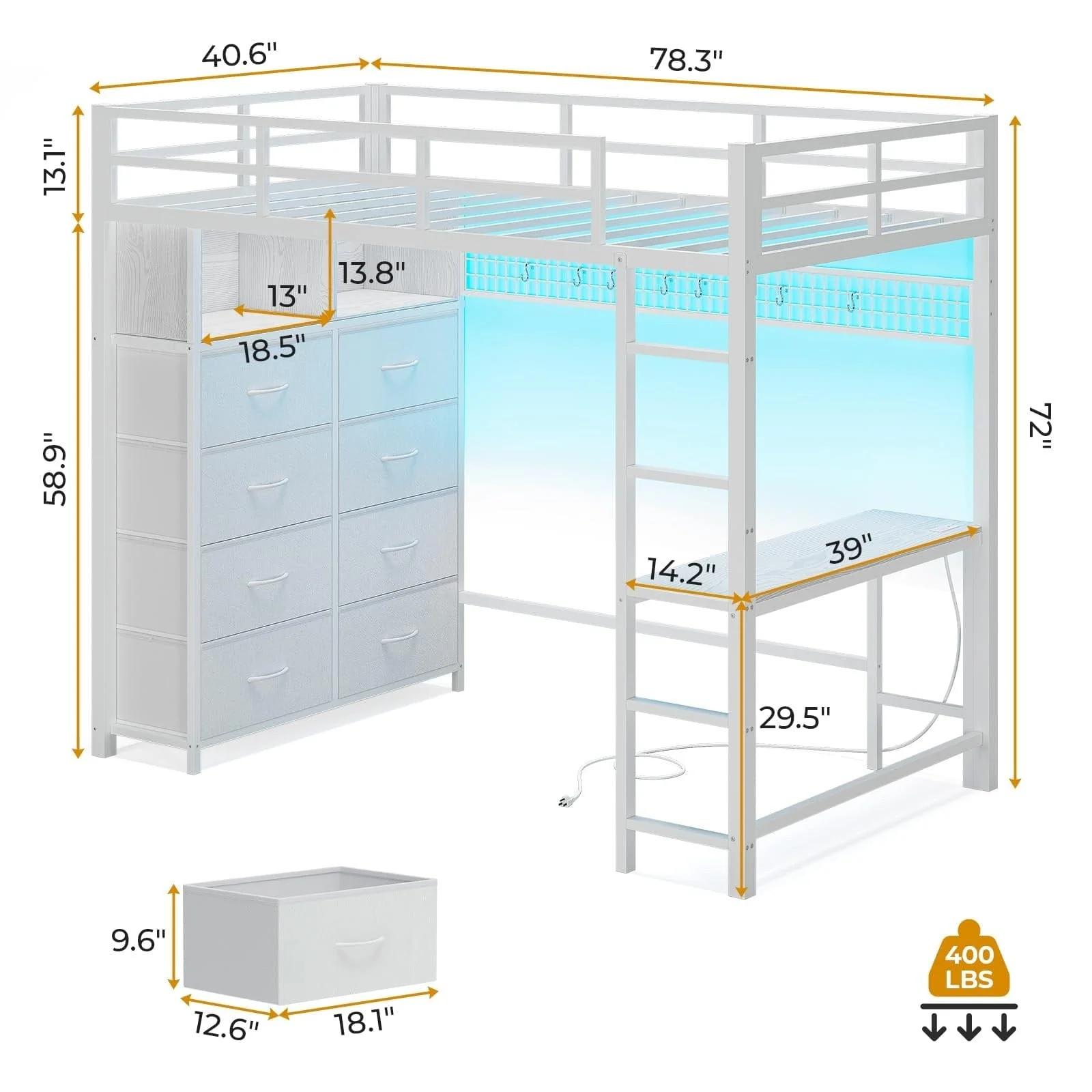 Twin Size LED Loft Bed Frame with Desk and 8 Drawers White Twin Size LED Loft Bed Frame with Desk and 8 Drawers White