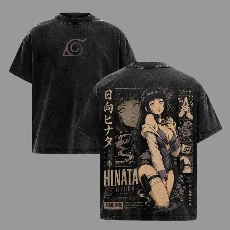 Men's Oversized Hinata Hyuga NRT Byakugan Anime Graphic T-Shirt - Casual Menswear, Round Neck Short-Sleeve Premium Cotton, Distressed Back-Print, 90s Vintage Naruto Streetwear Unisex Merch, Relaxed Fit, All Seasons, Tshirt