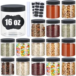 Plastic Jars with Lids, 16 oz Plastic Containers with Lids Clear Airtight Container Storage Jar Mason Jars for Dry Food Peanut Butter Honey Jam Cosmetics, Pack of 16 (16 PCS Black Lids)
