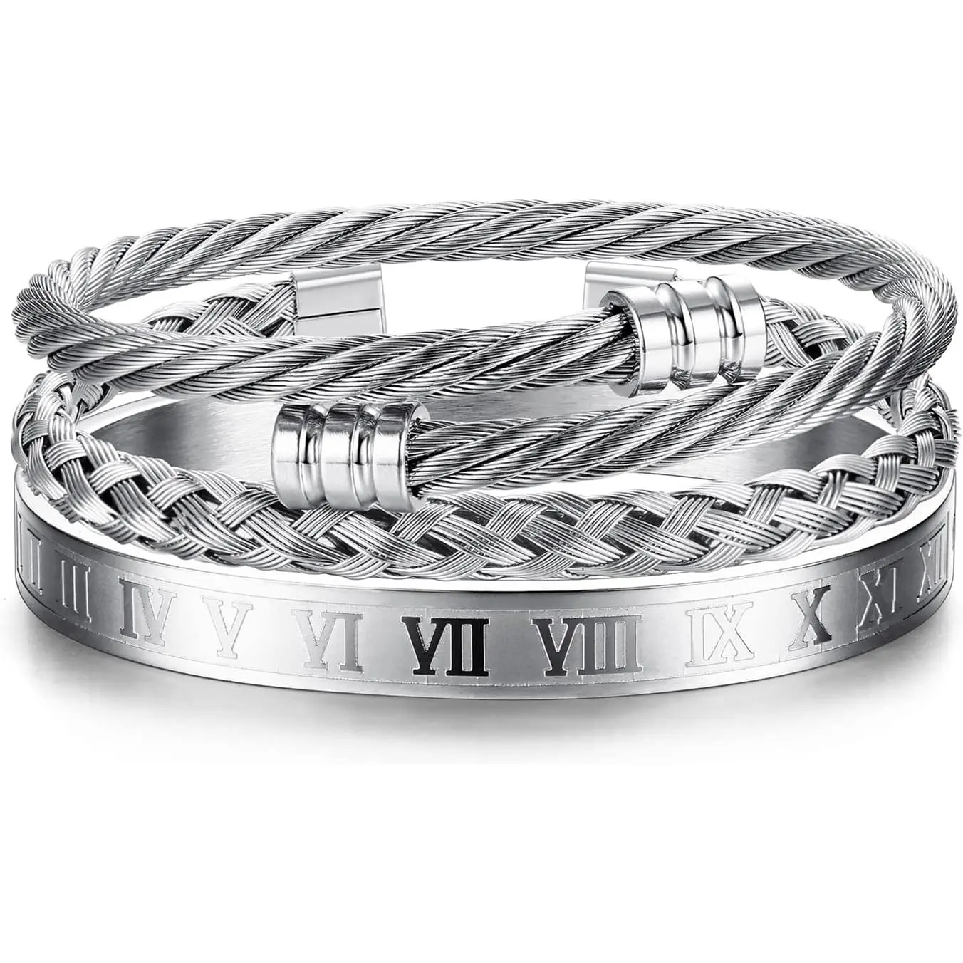3Pcs Stainless Steel Bracelets for Men Roman Numeral Bangle Bracelet Adjustable Cuff Bracelet Twisted Cable Bracelet Mens Luxury Bracelets Jewelry Gifts Gold/Silver/Black